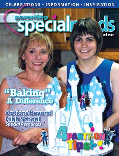 Charlotte Chapman and her daughter Allix pose behind a Disney-themed cake on the cover of Parenting Special Needs magazine.