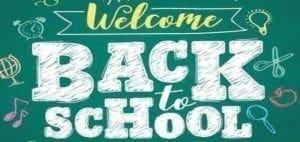 Welcome Back to School" text with school supplies illustrations