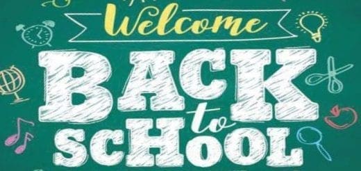 Welcome Back to School" text with school supplies illustrations
