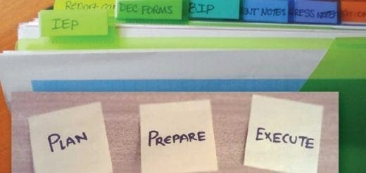 Three sticky notes labeled Plan, Prepare, and Execute are placed on folders with tabbed dividers.