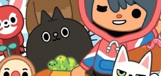 Cartoon characters including a black cat, a red creature, and a girl in a pink hoodie.