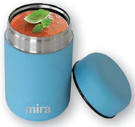 Blue Mira food jar with tomato soup and basil garnish