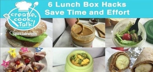 Collage of six lunch box hacks including a sandwich, peanut butter, salad, fruit skewers, and a wrap.
