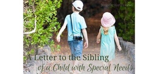 Two children walking on a path with the text "A Letter to the Sibling of a Child with Special Needs" overlaid
