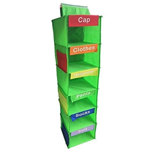 Green hanging closet organizer with six shelves labeled for cap, clothes, underwear, pants, socks, and suit.