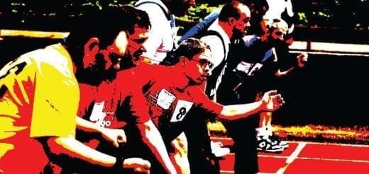 Runners in starting blocks on a track