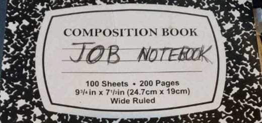 Composition book labeled "JOB NOTEBOOK