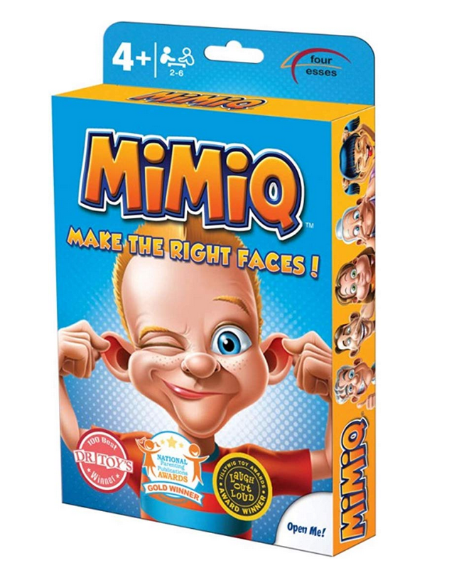 MimiQ board game box featuring a cartoon boy making a funny face.