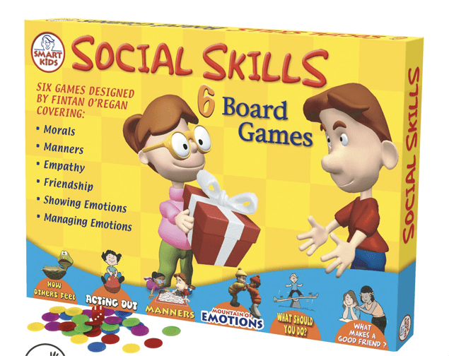 Social Skills Board Game box with cartoon children and game titles on a yellow background.