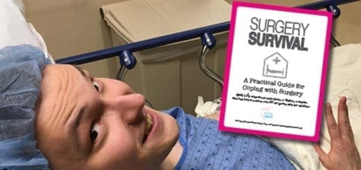 A person in surgical attire lies in a hospital bed next to a booklet titled "Surgery Survival.