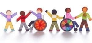 Six paper cutout figures linked together, two in wheelchairs.
