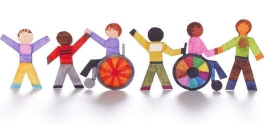 Six paper cutout figures linked together, two in wheelchairs.