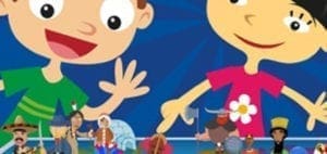 Two cartoon children point at diverse cultural figures.