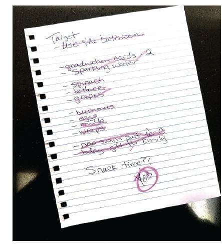 A handwritten shopping list on lined paper.