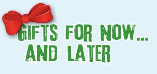 Red bow next to text "GIFTS FOR NOW... AND LATER