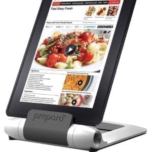 Prepara PP08-PREPWT white iPrep adjustable stand holding a tablet displaying a recipe