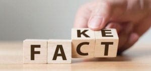 Blocks spell out "FACT" with a hand flipping two blocks to spell "FAKE".
