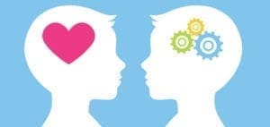 Two profiles facing each other, one with a heart and the other with gears