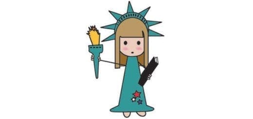 Illustration of the Statue of Liberty holding a torch and a tablet.