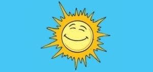 A smiling sun with rays against a blue background.