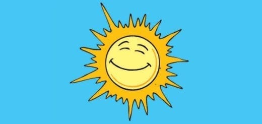 A smiling sun with rays against a blue background.