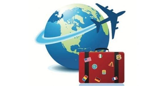 Globe with airplane and suitcase, symbolizing travel.