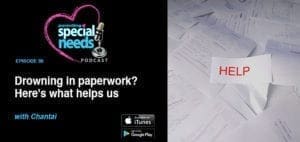 Collage for podcast episode on managing special needs paperwork, featuring a podcast logo and a pile of papers with "HELP" on a note.