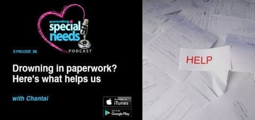 Collage for podcast episode on managing special needs paperwork, featuring a podcast logo and a pile of papers with "HELP" on a note.