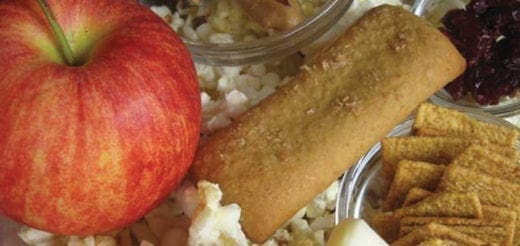 Apple, crackers, and a granola bar with dried fruit and popcorn.