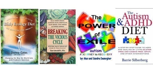 Four book covers on alternative diets: Body Ecology Diet, Breaking the Vicious Cycle, The Power of Exile Autism, and The Autism & ADHD Diet.