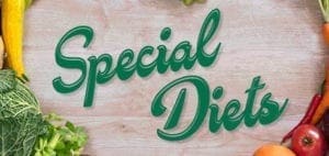 Green text reading "Special Diets" on a wooden background with vegetables.