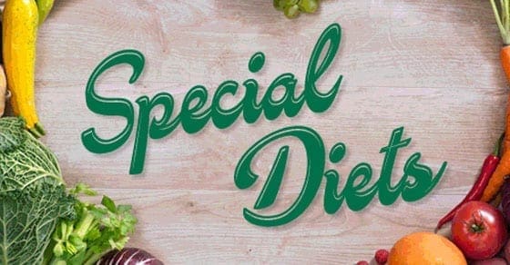 Text graphic "Special Diets" surrounded by fresh vegetables.