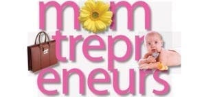 Text "momtrepreneurs" with a briefcase, a flower, and a baby.
