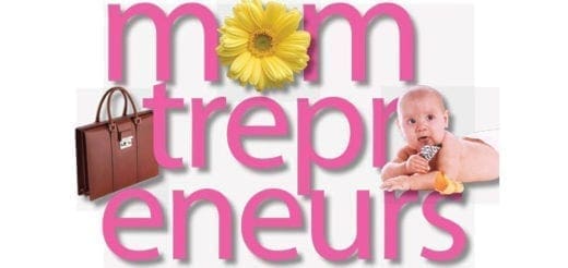 Text "momtrepreneurs" with a briefcase, a flower, and a baby.