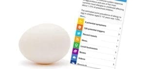 A whole white egg next to a list of social media icons and text.