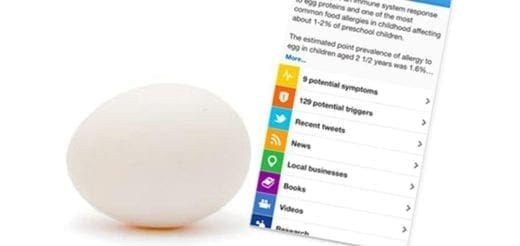 A whole white egg next to a list of social media icons and text.