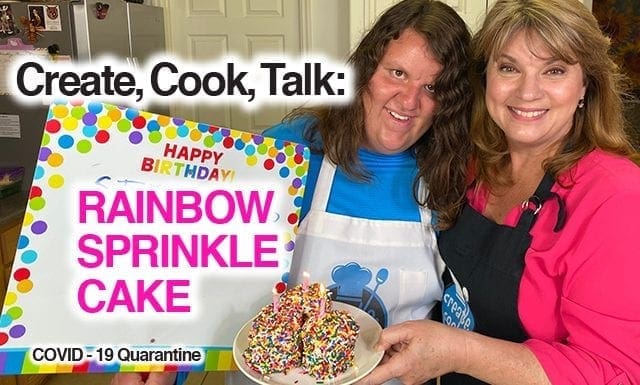 Two women hold a rainbow sprinkle cake with "Happy Birthday" and "Rainbow Sprinkle Cake" text overlays.