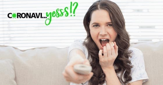 Woman with hand to mouth and remote control, text reads "CORONAVIL...yess!?