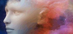 Sculpted profile of a human head with colorful, abstract clouds emerging from the right side.