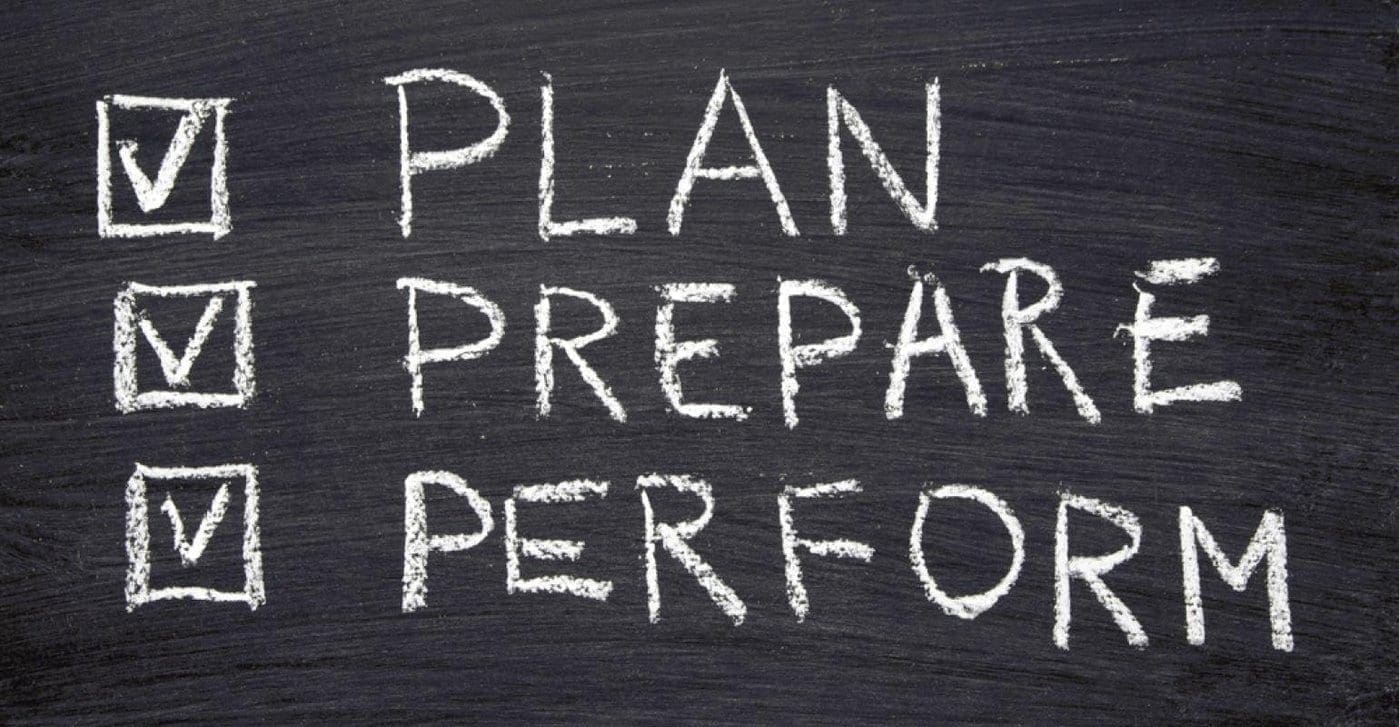 Three checkboxes are marked next to the words Plan, Prepare, and Perform written in chalk on a blackboard.