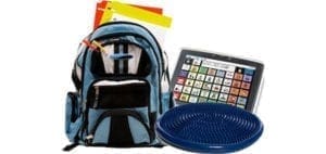 Backpack with school supplies, tablet, and balance disc