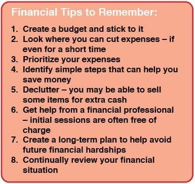 List of eight financial tips to remember, including creating a budget and prioritizing expenses.