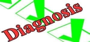 The word "Diagnosis" written in red with a green checkmark pattern behind it.