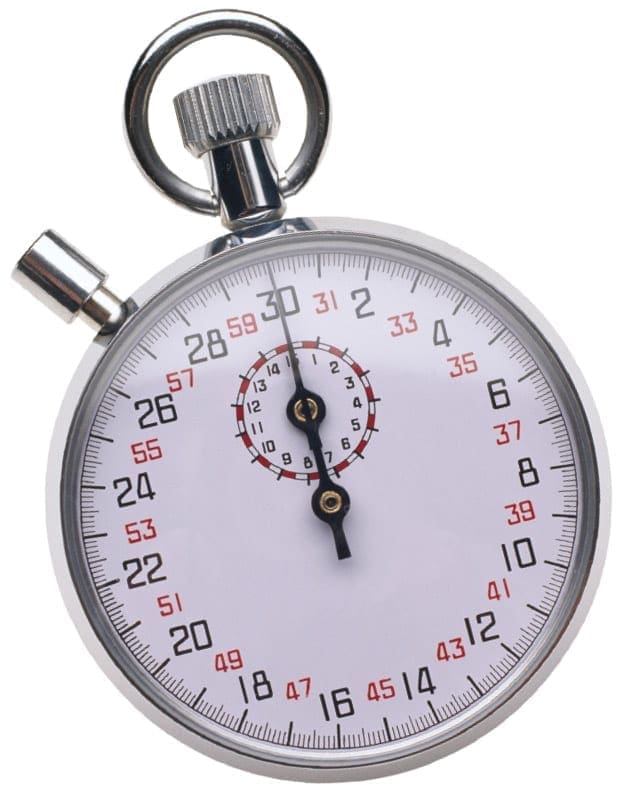 A stopwatch with a white face and red markings.