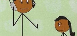 Stick figures of two people, one on the phone and one looking away.