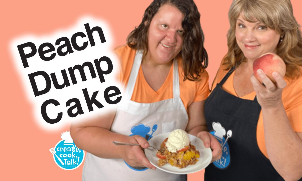 Two women with a peach dump cake and a peach.