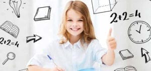 Smiling student holding a pen and giving a thumbs up surrounded by hand-drawn icons of school subjects.