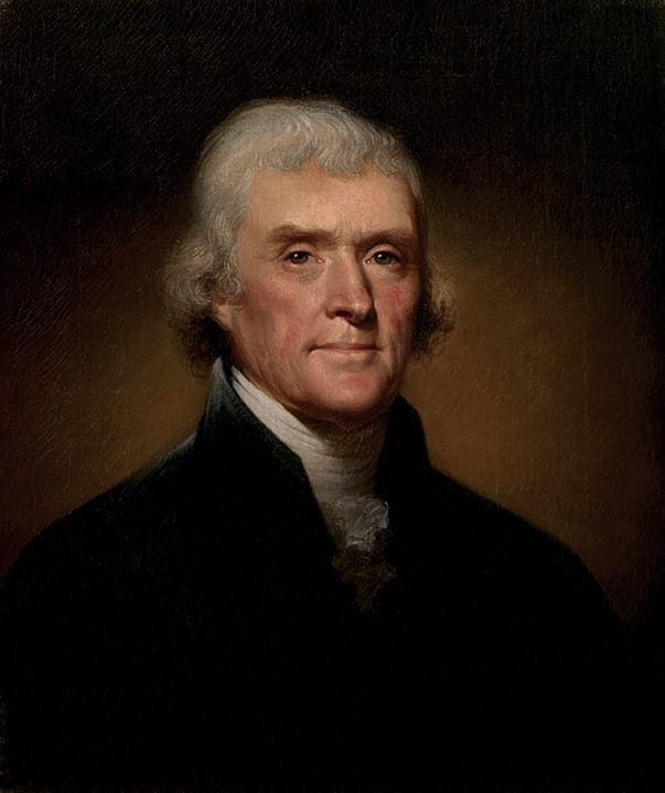 Thomas Jefferson wearing a dark coat and white cravat.