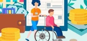 Illustration of people applying for SSI benefits with coins and a wallet.