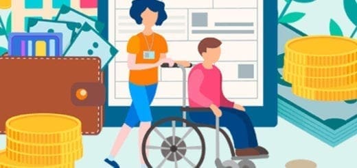 Illustration of people applying for SSI benefits with coins and a wallet.